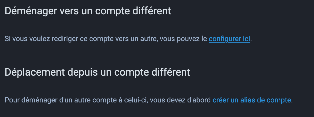 Capture d’écran de l’interface de gestion du déplacement de compte 